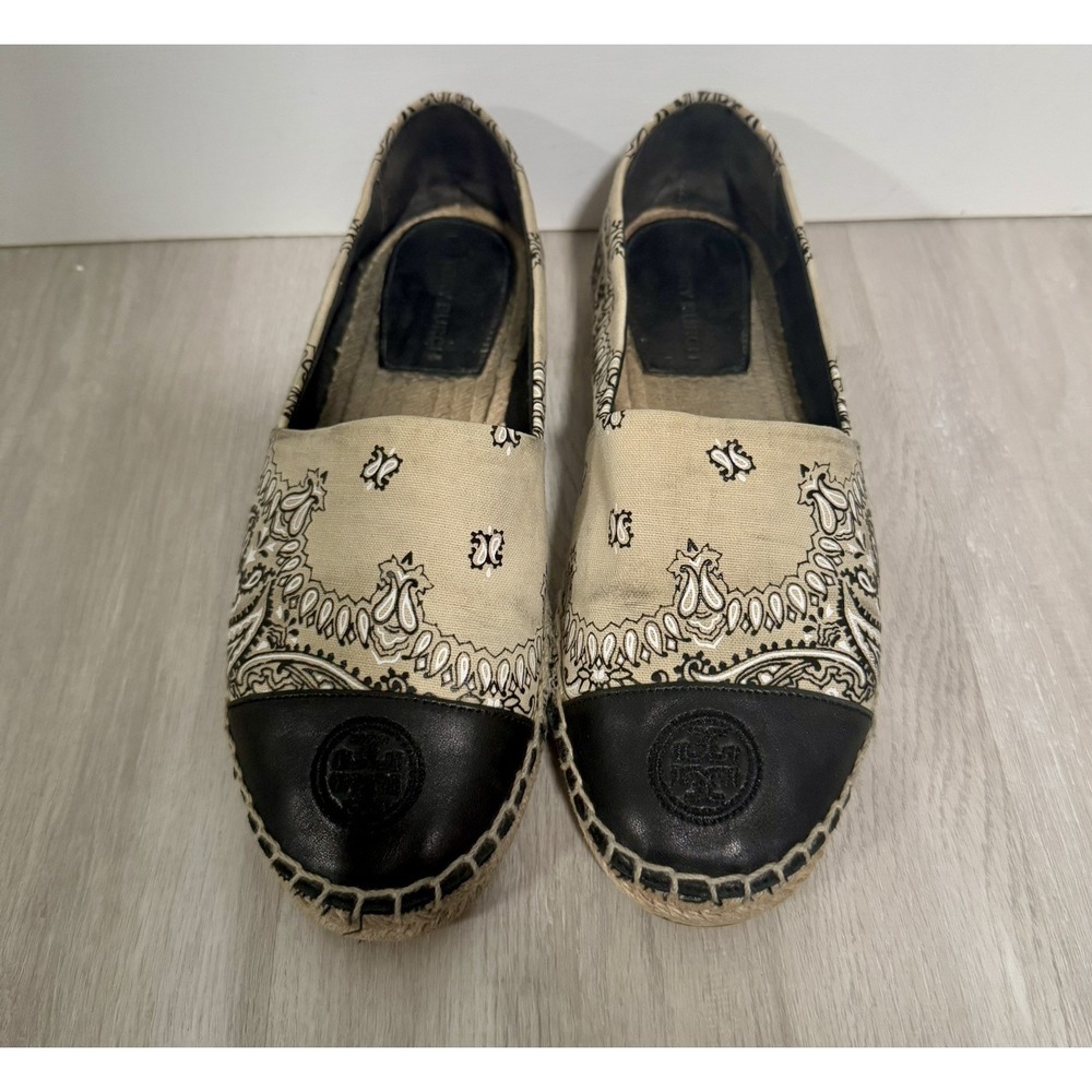 TORY BURCH IVORY AMERICANA BANDANA COLOR BLOCK FLAT ESPADRILLE sz 7.5